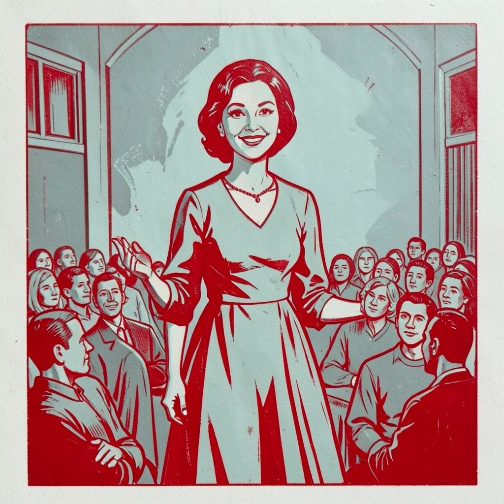 A carved linocut relief print of a woman presenting to an audience, soft teal and slate gray tones, confident and engaging mood